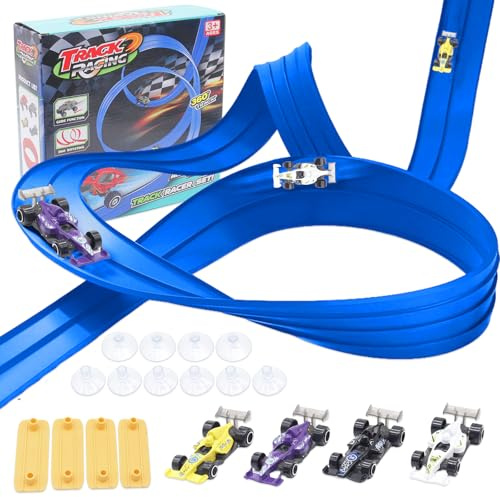 Tbintul Rennbahn Kinder 5M, Flexible Rennstrecke Auto Spielzeug mit 4 Leichtmetallfahrzeuge, Autorennspiele, Portable Spielzeug Dual Auto Rennbahn für Kinder ab 3 Jahre (Blau)