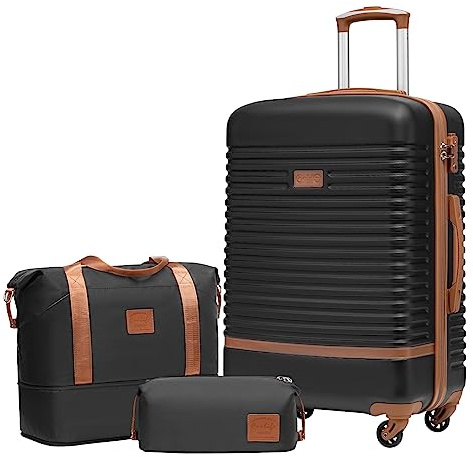COOLIFE Koffer Set 3-tlg: Mittlerer Koffer + Reisetasche | ABS Hartschale Leicht, 360° Räder & TSA-Schlösser Für Europa, Kreuzfahrt & Auslandsstudium – Familienurlaub Essentials Schwarz/Braun