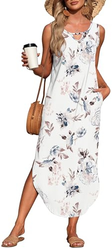 AUSELILY Damen ärmelloses Sommer Maxikleid mit Seitenschlitz und Tasche | Rundhalsausschnitt mit Cut-Outs,ärmelloses Design,Seitenschlitz,Lockere Maxi-Passform,Zwei Seitentaschen,Strand-Coverup-Kleid