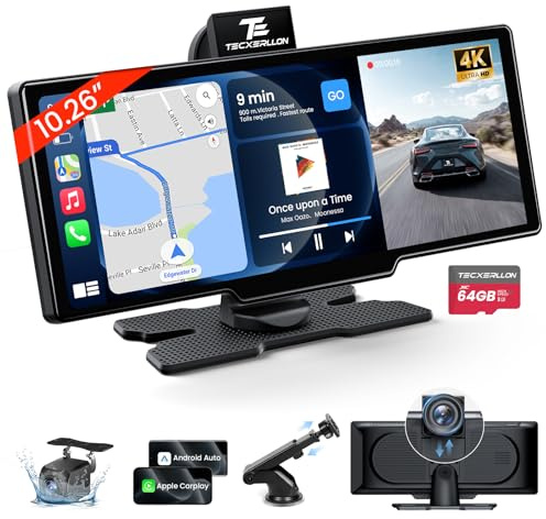 10,26 Zoll Wireless Carplay & Android Auto, Apple Car Play Display mit 4K Dashcam&1080P Rückkamera, Android Auto Display mit GPS Navigation, Mirror Link AUX FM 64G TF