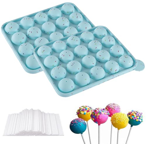 Puedno Cake Pop Silikonform, Lollipop Mould mit 100 Cake Pop Sticks, 20 Runde Lollipop Silikon Form Backform für Süßigkeiten Cupcakes Gelee (Blau)