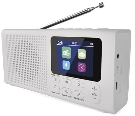 EMOS - DAB+ Radio mit Bluetooth und Dual-Stromversorgung - tragbares Digitalradio mit Wecker, Sleeptimer und 40 Speicherplätzen - 4x Schnellwahl - Küchenradio DAB+FM mit TFT LCD Farbdisplay - Weiß