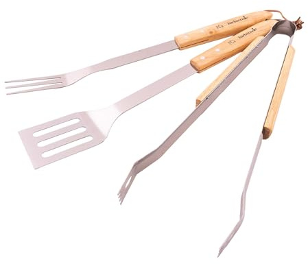 barbecook Grillbesteck Set mit Grillgut-Wender, Grillgabel und Grillzange | Buchenholz • Edelstahl • Silber • 8x5.5x47cm