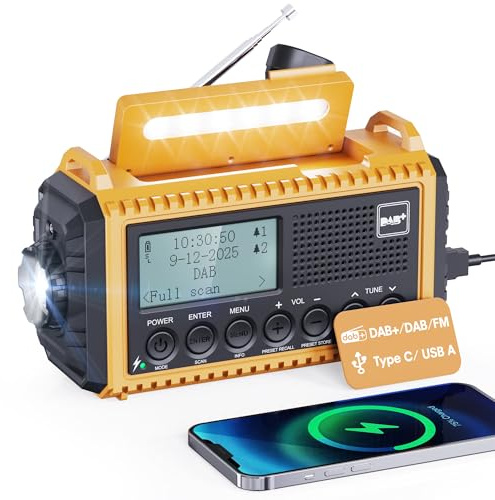 Kurbelradio DAB/UKW mit Akku 5000mAh, Tragbare Solar Radio mit LED-Taschenlampe & Leselicht, DAB+ Baustellenradio IPX4, Notfall Radio und SOS-Alarm Geeignet für Wandern, Camping, Outdoor (Gelb DAB)