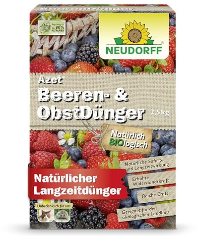 Neudorff Azet Beeren- & ObstDünger – Bio-Dünger für mehr Geschmack und reiche Ernte bei Beeren und Obst mit natürlicher Sofort- & Langzeitwirkung, 2,5 kg