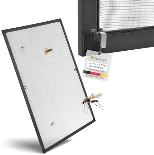 Juskys® Fliegengitter Fenster Alurahmen 100x120 cm (Grau) – Insektenschutz Spannrahmen ohne Bohren, Einhängen – Mückenschutz Fliegennetz Moskitonetz Mückennetz Fenstergitter mit Rahmen