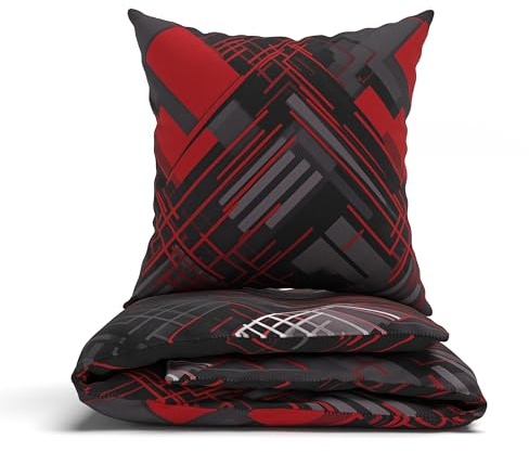LARAWELL Bettwäsche 135x200 Baumwolle ganzjahres Bettwäsche-Sets rot grau abstrakt geometrisch Premium