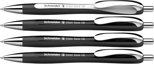 Schneider 132584 Slider Rave XB Kugelschreiber (Weiches Schreiben ohne Kratzen für lange Texte in Schule, Uni und Beruf) 4 Stück, Schwarz-Weiß und Schwarz, Tinte: Blau