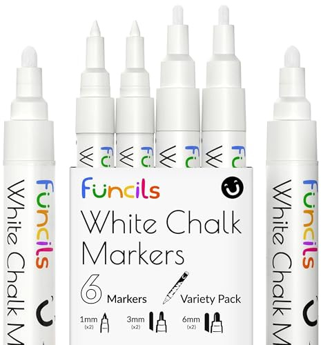 Funcils Kreidestifte - weiß - 6 Kreide Markers Multipack - 1mm, 3mm, 6mm Spitze. Kreidestifte für Fenster, Tafel, Glas und mehr. Geeignet für Erwachsene, Künstler, Lehrer und Kinder.
