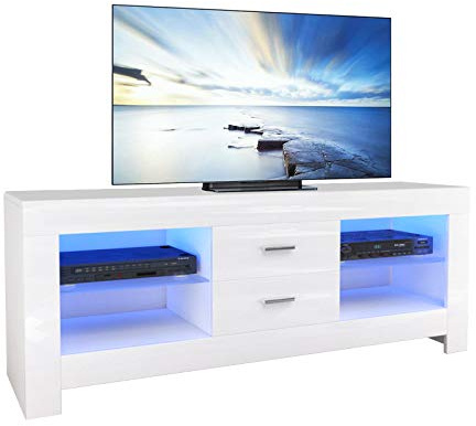 Dripex TV Lowboard Weiß Hochglanz Board Schrank Fernsehtisch Kommode mit LED Beleuchtung und Schubladen, 130x50x35 cm