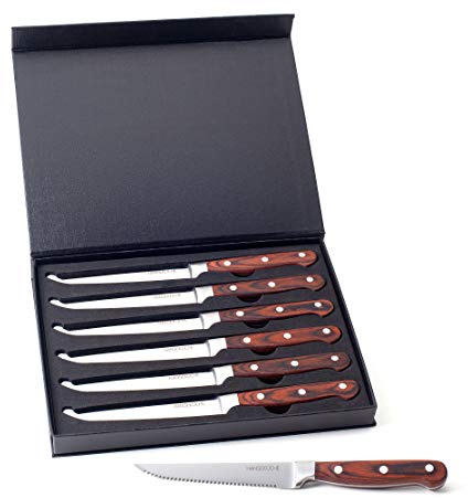 Hanseküche Steakmesser Set – 6x Hochwertige Steakmesser mit Holzgriff – Edles Besteck Set aus rostfreiem Spezialklingenstahl mit Wellenschliff und Geschenkbox (Braun)