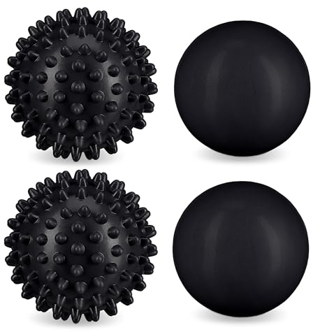 Relaxdays Massageball 4er Set, Igelball & glatter Lacrosse-Ball, Ø 6,5 & 6 cm, Selbstmassage, Faszienball hart, schwarz
