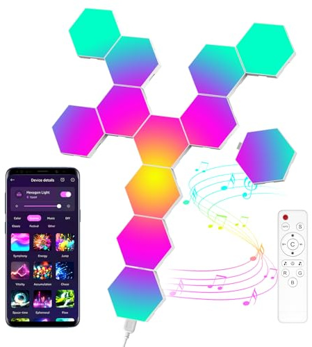 MeRGBW-Home 12 Pcs Hexagon LED Panels, Sechseck Gaming Deko LED Wandleuchte, Musik Sync, APP-Kontrolle, Fernbedienungen, Sechseck Waben Wall Lights Gaming Zubehör Hexa Lampe Smart Zuhause Wand Deko