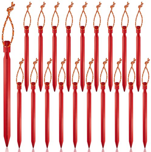 Zeltheringe Heringe Zelt 20 Stück Zelthaken Camping Heringe Erdnägel Stabil Aluminium Bodenanker mit Seil Sandheringe Strand Herringe Boden Zelt Hering Set Erdanker Erdhaken Garten Zubehör (Rot)
