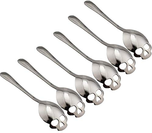 CILEONBE 304 Edelstahl Totenkopf Zuckerlöffel, Silber, 6 Stück | Rührlöffel für Dessert, Tee, Kaffee