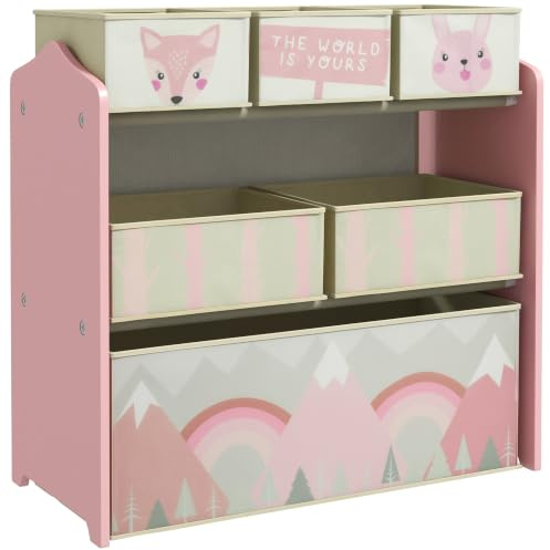 ZONEKIZ Kinderregal mit 6 herausnehmbaren Aufbewahrungsboxen, Rosa | Spielzeugregal Bücherregal, Kinderzimmerregal für Kinderzimmer, Kindergarten, Spielzimmer, 63x30x66 cm