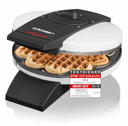 Cloer 1621 Waffeleisen für klassische Herzwaffeln, 930 W, Waffelgröße 15,5 cm, stufenlos wählbarer Bräunungsgrad, weiß, Metall