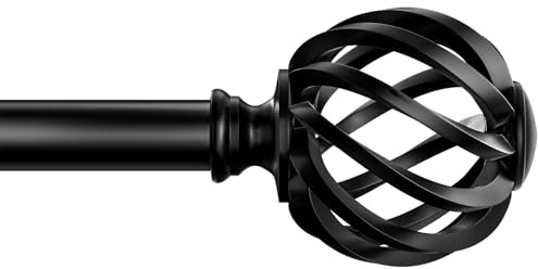 Gardinenstange Schwarz 96-252cm,16 mm Durchmesser Vorhangstange Ausziehbar mit Kappenknäufen und HalterungenMetall, Vintage Florale Endstücke Gardinenstangen für Schlafzimmer, Wohnzimmer