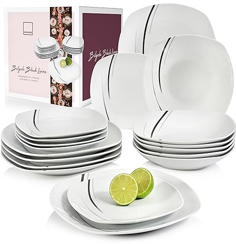 SÄNGER Bilgola Black Lines Kombiservice 18-tlgs Geschirrset für 6 Personen | Tellerset mit Speisetellern, Desserttellern, Suppenteller, mikrowellen- & spülmaschinenfestes Essgeschirr, Tafelservice