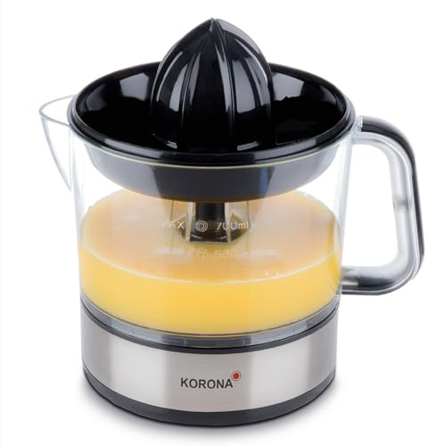 Korona 27020 Zitruspresse | 40 Watt | 0,7 L Kapazität | 2 Presskegelgrößen | Staubschutzdeckel | Rechts- und Linkslauf, Edelstahl/Schwarz