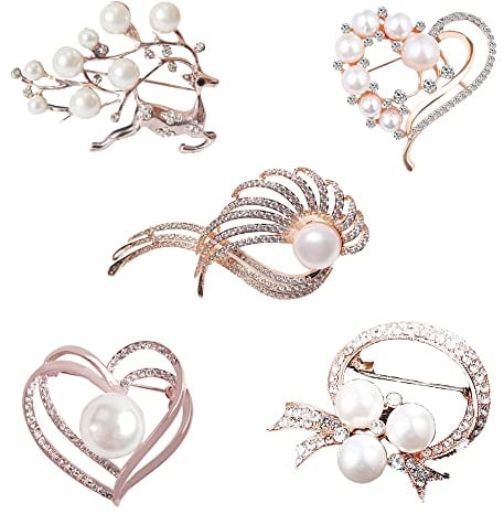 Oenothera 5pcs Flower Broschen Pins, Brosche Hochzeit, Intarsien Brosche Pin, Nachahmung Perlen Brosche, für Hochzeit Bouquet Broaches Kit Frauen Kleid Dekorationen