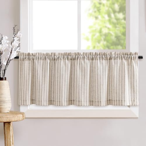 TOPICK Scheibengardine Streifen Bistrogardine 1Stück H40xB125 Taupe Beige | Blickdicht Küchenvorhänge Leinenoptik modern Lichtdurchlässig Kurzgardine Küch landhausstil küchengardine fenstergardinen