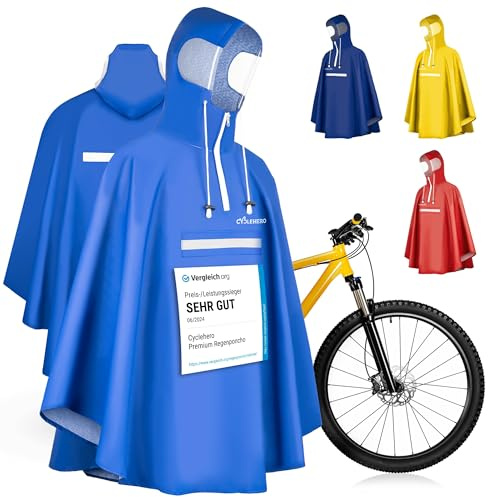 Regenponcho Fahrrad extra wasserdicht und robust - TEST SEHR GUT - Premium Regencape Fahrrad mit Reflektoren, Sichtfenster - Regenbekleidung als Regenponcho Herren und Damen - Regenjacke Blau in M