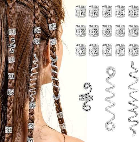 18 Stück Haarperlen Silber Haarschmuck Ringe Silber Schmuck Haare Haarperlen Zum Klipsen Hair Accessories Dreadlocks Schmuck Zöpfe Braids Loc Haare Verstellbar Geflecht Ringe für Dreadlock Zubehör