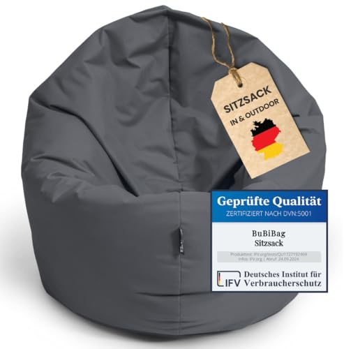 BuBiBag 2in1 Sitzsack L - XXL mit Füllung für Kinder & Erwachsene, Gaming Beanbag & Bodenkissen für Indoor & Outdoor Sessel Pflegeleicht & Wasserabweisend XL UNIVERSELL (Ø 130 cm Anthrazit)