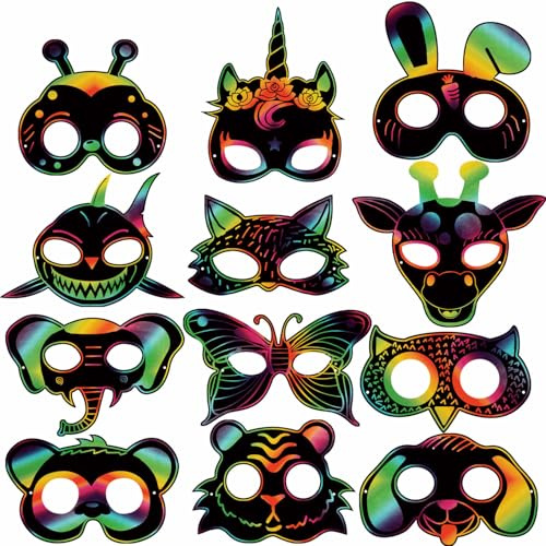 Qpout 48Stk. Scratch Art Masken für Kinder, Tiere Kratzbilder Masken Set mit Elastischen Kordeln und Holz Stylus für Kinder Geburtstag Ostern Halloween Weihnachten Spiel Geschenk Party Zubehör