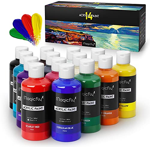 Magicfly Acrylfarben Set, 14 Farben Acrylfarben (280ml), Acrylfarbe | Acryllack Wetterfest Outdoor, Acrylfarben Wasserfest, Ideal für Außenbereich/Leinwand/Papier/Holz/Stein/Keramik/Modell