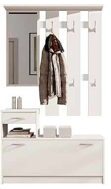 Vera Garderobe mit Spiegel weiß matt - Kompaktgarderobe, Dielenschrank, Flurschrank - 100 x 190 x 26 cm (B/H/T)