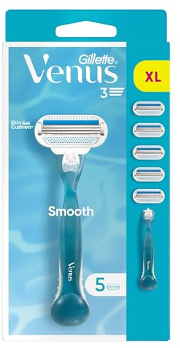 Gillette Venus Smooth Rasierer Damen mit Wiederverwendbarem Handstück — Inkl. 5 Ersatzklingen für Nassrasierer — Blau