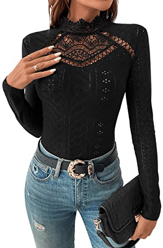 GORGLITTER Damen Langarm Body Stehkragen Bodysuits Elegant Spitzenbody