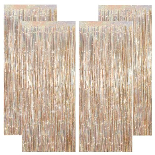 KICNIC 4 Stück Lametta Vorhang Champagner Glitzer, 1m x 2.5m Glitzervorhang | Lametta Vorhänge, Tinsel Curtain, Fotowand, Geburtstag, Silvester, Disco, Halloween, Hochzeit, Weihnachten Party Deko