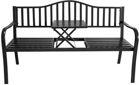 Spetebo Metall Gartenbank mit integriertem Tisch, 150 x 56 cm, Schwarz