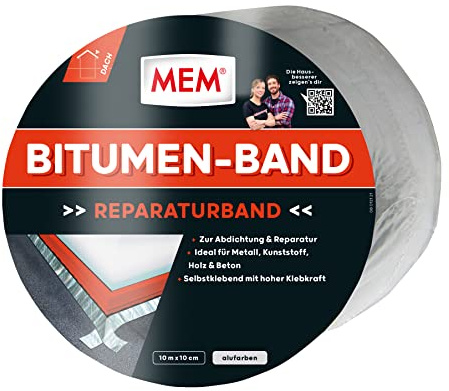 MEM Bitumen-Band, Selbstklebendes Dichtungsband, UV-beständige Schutzfolie, Stärke: 1,5 mm, Maße: 10 cm x 10 m, Farbe: Aluminium
