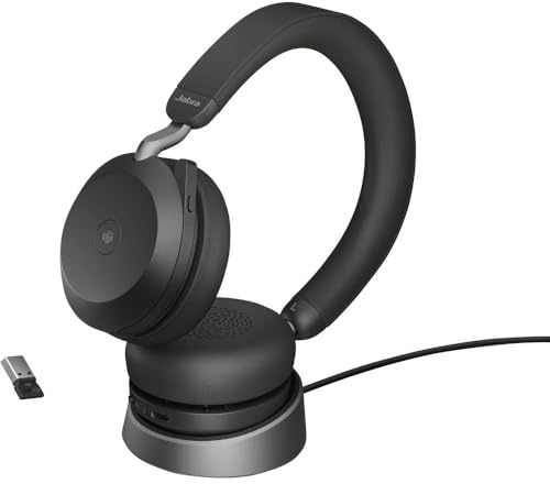 Jabra Evolve2 75 Wireless PC Headset mit Ladedock, 8-Mikro-Technologie - Dual-Foam-Stereo-Kopfhörer mit moderner aktiver Geräuschunterdrückung, USB-A Bluetooth-Adapter und MS-Kompatibilität - Schwarz