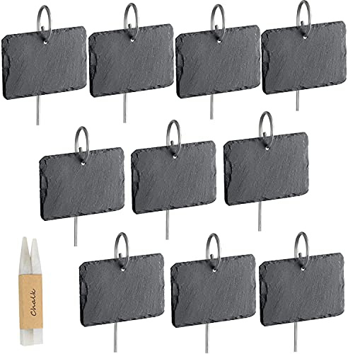 Dimoxii 10 Schiefer-Pflanzschilder mit 40 cm Spießen & 2 Kreidestiften | Beschriftbare Kräuterschilder 10 × 7 × 0,5 cm, wiederverwendbar für Garten, Balkon, Hochbeet und Blumentöpfe