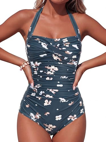 Smismivo Badeanzug Damen Bauchweg Push Up Schwimmanzug mit Retro Schlankheits Raffung Vintage Einteilige bademode Swimsuits for Women