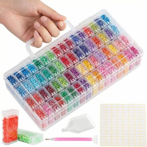 Kiperline Diamond Painting Zubehör Boxen, 64 Stück 5D Diamond Painting Aufbewahrungsbox mit 128 Etiketten für Diamanten, Perlen und anderes DIY-Zubehör. (64 Stück)