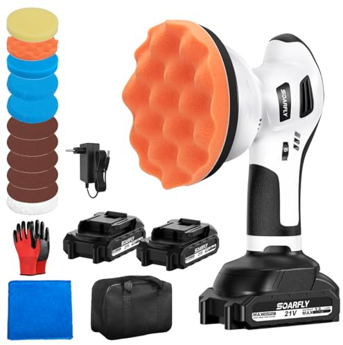 SOARFLY Poliermaschine Auto Akku, Exzenter Poliermaschine Akku mit 2x2.0Ah 21V Batterie, 6 variable Geschwindigkeiten, 3200–6600 U/min, für die Autodetailing, Scheinwerfer Aufbereitung