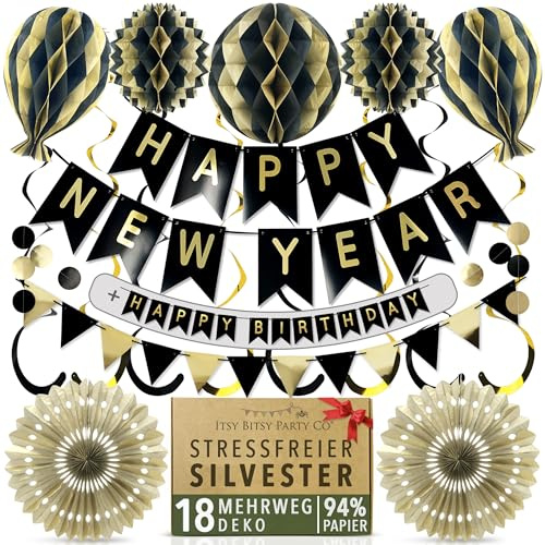 Premium Wiederverwendbare Silvester Deko 2026 - 5-in-1-Banner Schreibt Happy New Year, Happy Birthday + mehr, Schnelle Montage mit Klett - Silvester Party Deko / Schwarz Gold Partydeko