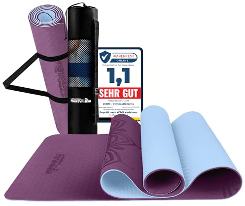 LA MENTE ES MARAVILLOSA - Gymnastikmatte, Rutschfest Yogamatte inkl. Tragegurt + Tasche + Übungs-E-Book, Gepolstert, Hautfreundliches TPE für Fitness/Pilates/Workout 183x61cm (Mandala, Lila/Hellblau)