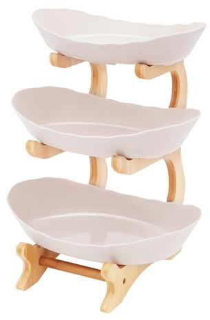 Fetcoi Kunststoff 3 Tier Obst und Snack Tray mit natürlichen Bambus-Ständer für Obst, Brot, Snacks, Obstkorb Obstkorb Gemüse (Erde Farbe)