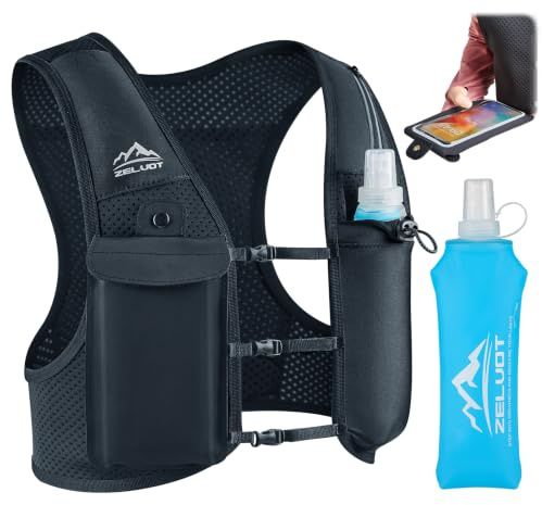 Zelvot Laufweste Damen und Herren, Trinkweste Laufen mit 500ml Trinkflasche | Touchscreen-Handytasche, Leicht, Verstellbare, Trinkrucksack mit Reflektierenden Streifen, für Marathon, Wandern, Radfahren
