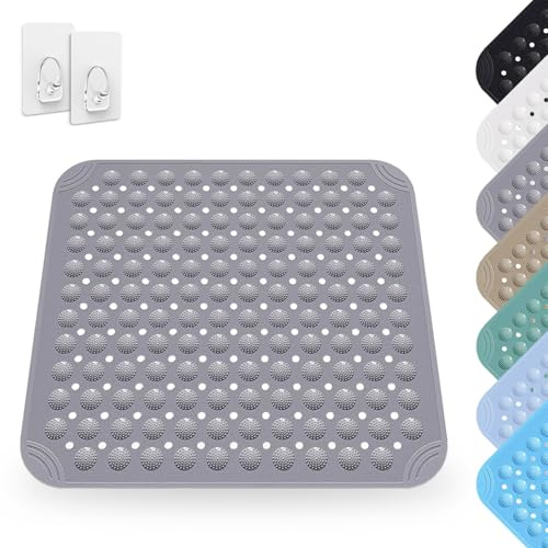 Duschmatte rutschfest 48 x 48 cm, Quadrat Duschmatte Maschinenwaschbar mit Saugnapf, PVC Shower Mat Non Slip, rutschfeste Massage Matte für Dusche und Sauna, Grau