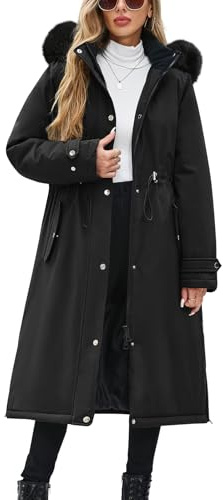 CMTOP Wintermantel Damen Lang Wasserabweisend Winddicht Mantel Damen, Fleece Gefüttert Warmer Winterjacke Elastischer Bund Winterparka Dicke Coat mit Abnehmbarer Kapuze und Taschen
