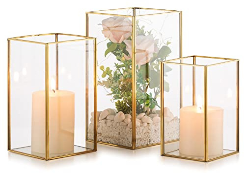 NUPTIO Windlicht Glas Laterne Deko: Gold Kerzenständer Groß Set von 3 | Metall Kerzenhalter Hochzeit Tischdeko Stumpenkerzen Dekorative Laternen Draußen Weihnachten Wohnzimmer Tischplatte