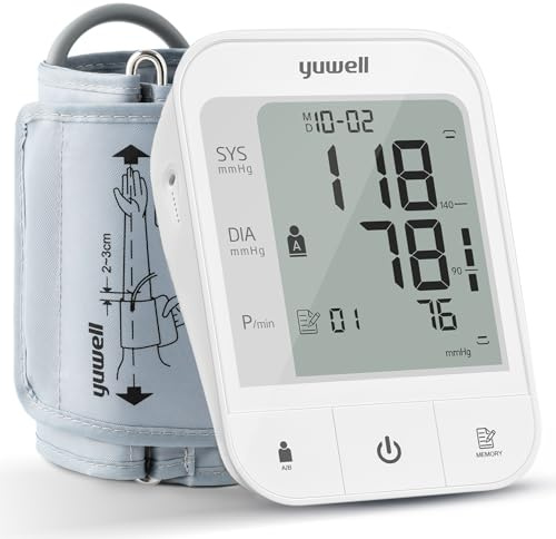 yuwell Oberarm-Blutdruckmessgerät zur Genauen Blutdruck- und Pulsmessung | 2 Benutzer, 74x2 Speicherplätze, große Manschette für 22-45 cm Oberarm, 3.8 Großes Display, Duale Stromversorgung (YE670A)